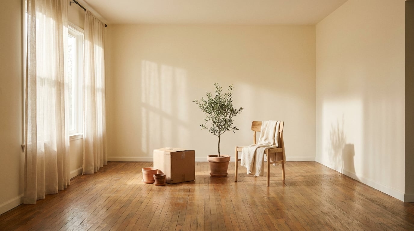 Sunlit empty apartment with a moving box, olive tree, and wooden chair