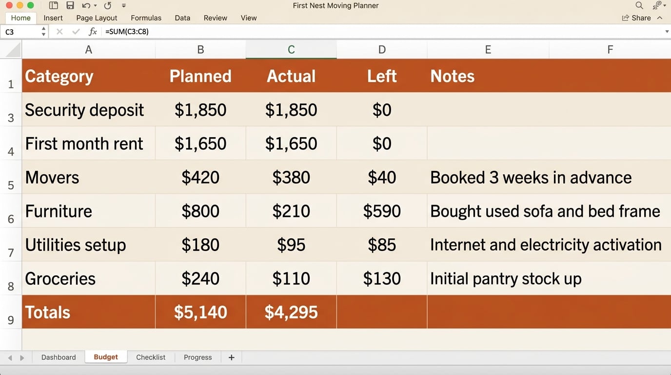 Budget tab with planned versus actual spend for deposit, rent, movers, furniture, and utilities