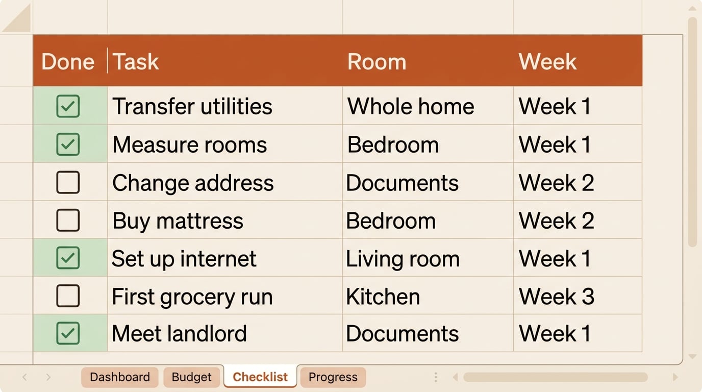 Checklist tab with moving tasks, rooms, and week due dates