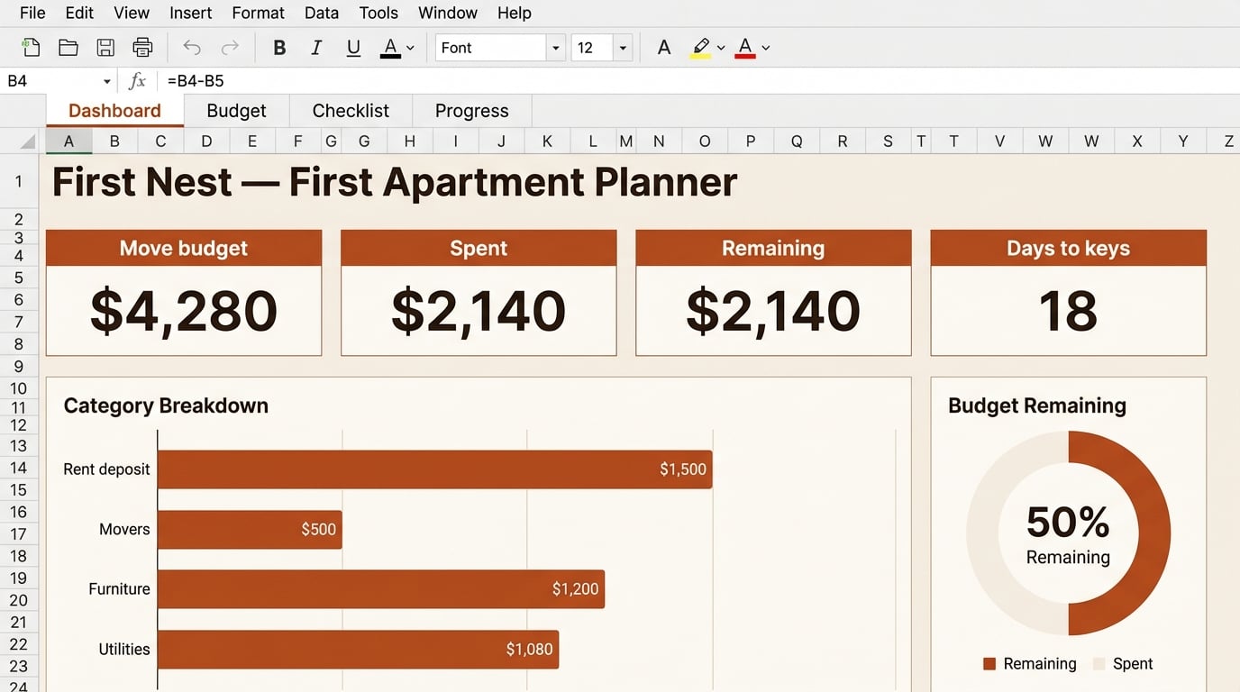 First Nest spreadsheet dashboard with move budget, spent, remaining, and category breakdown